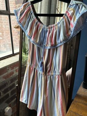 Derek Heart Pastel Rainbow Stripe Off-Shoulder One-Piece